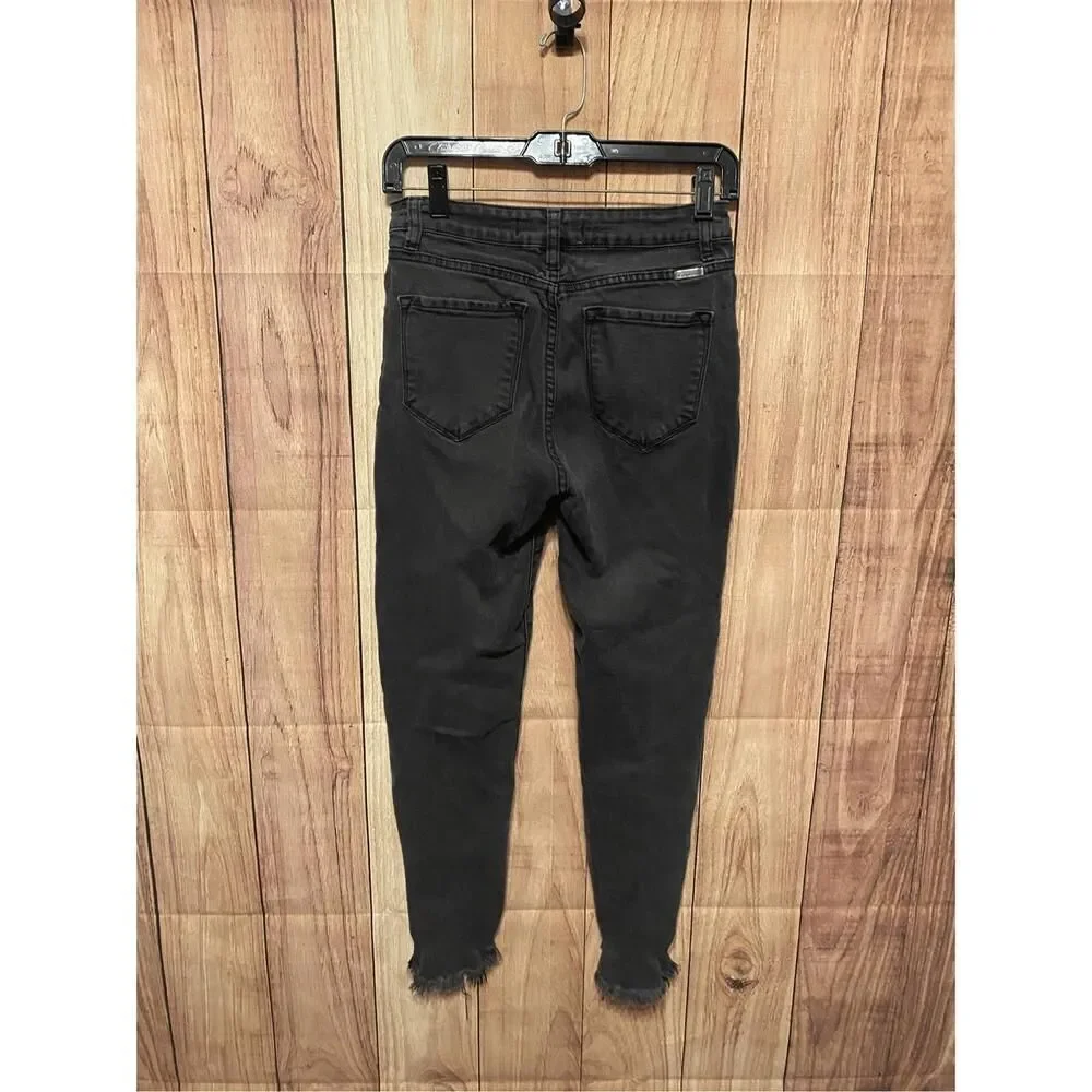 Kancan 5/26 black high rise skinny ankle jeans fringe pants womens